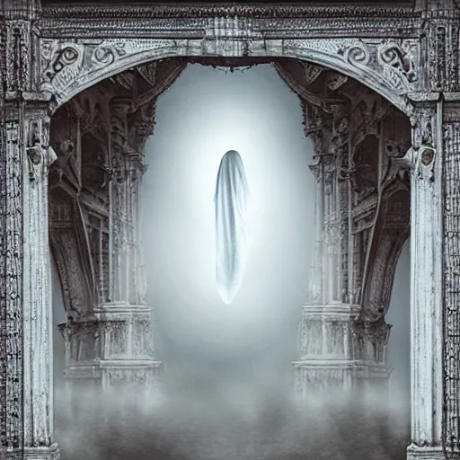 Image similar to surreal ominous bedsheet ghost floating above a bridge, oil painting, gloomy misty atmosphere, symmetrical, full body image, highly ornate intricate details,