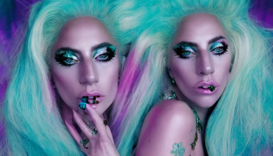 Image similar to lady gaga with long white hair , an album cover by Hedi Xandt, featured on vanity fair, holography, smokey background, matte background, seapunk High resolution. Highly detailed. Dramatic. 8k.4k.