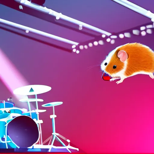 Image similar to a hamster playing drums on a stage in a small club, red and blue stagelights, photorealistic