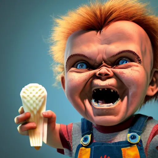 Image similar to chucky doll screaming popsicle octane render, unreal engine