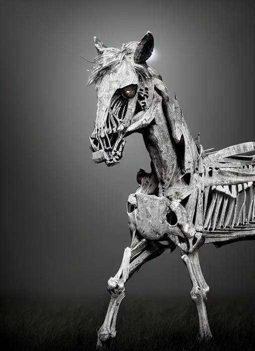 Prompt: skeleton of a horse in a dark veil, dark and mysterious, stopped in time, atmospheric, ominous, eerie, cinematic, epic, 8 k, 4 k, ultra detail, ultra realistic