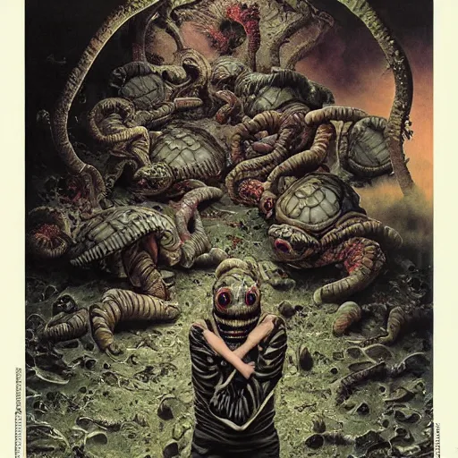 Prompt: senior genetically engineered ninja tortoises, weapons floating in the air, dark energy portals. cinematic horror by chris cunningham, junji ito, aleksandra waliszewska, richard corben, norman rockwell, highly detailed, vivid color, beksinski painting, part by adrian ghenie and gerhard richter. art by takato yamamoto. masterpiece