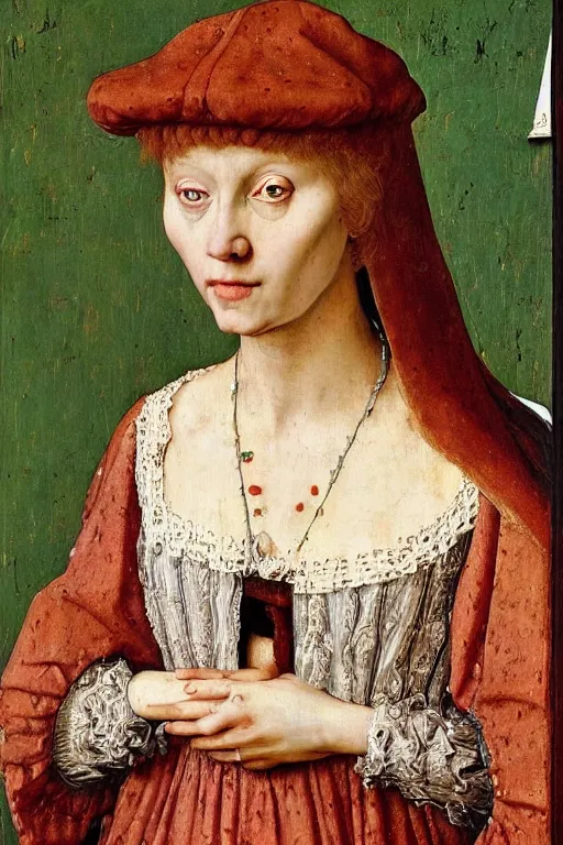 Prompt: candid portrait of a stunningly beautiful woman, oil painting by jan van eyck, northern renaissance style, oil on canvas, wet - on - wet technique, realistic, expressive emotions, detailed textures, illusionistic detail