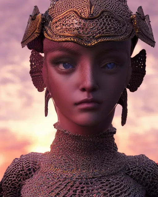 Prompt: macro closeup headshot of a beautiful seductive crochet doll wearing full plate armor, d & d, fantasy, rim light, volumetric lighting, digital painting, artstation, concept art, smooth, sharp focus, illustration, art by arney freytag, glamour pose, greg rutkowski, maxfield parrish and alphonse mucha, sunrise, new art nouveau, soft ambient lighting, particle effects
