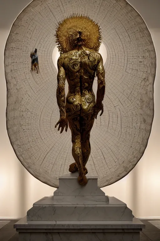 Image similar to Epic view of intricate stained Clown looking backwards using a golden veil statue sculpted on white marble by Antonio Corradini, Wayne Barlowe and Artem Demura