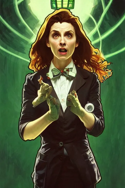 Prompt: doctor who, woman, as a mad dentist, on a plain green background, art by artgerm and greg rutkowski and alphonse mucha