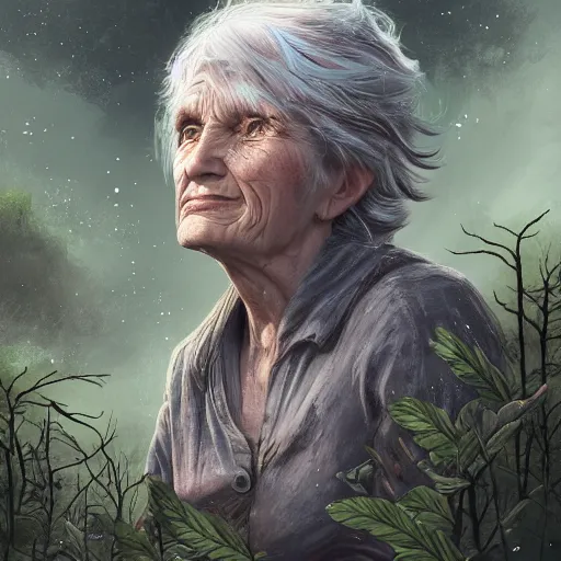 Image similar to fantasy portrait of an energetic old woman with silky, cloudy grey hair, black scars on her face, swamp vegetation in the background, nocturnal palette, art by greg rutowski, raphael lacoste, eddie mendoza, artgerm, trending on artstation