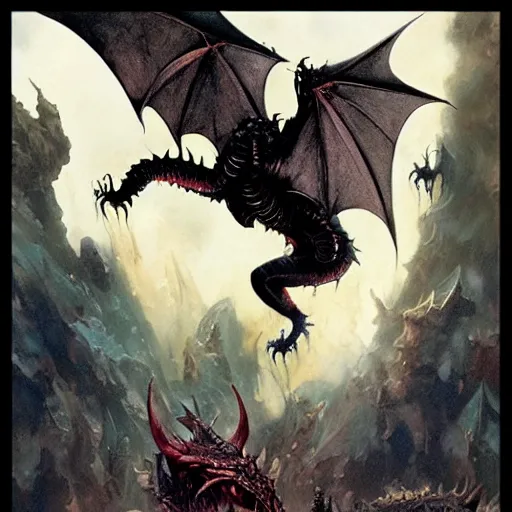 Prompt: flying black dragon spitting acid, d & d, fantasy, greg rutkowski, frank frazetta, alexandre chaudret, boris vallejo, michael whelan, miro petrov, hr giger, magali villeneuve, donato giancola