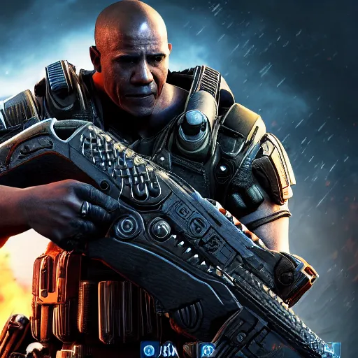 Image similar to barrack obama in gears of war battlefield 5, detailed face, splash art, movie still, cinematic lighting, dramatic, octane render, long lens, shallow depth of field, bokeh, anamorphic lens flare, 8 k, hyper detailed, 3 5 mm film grain