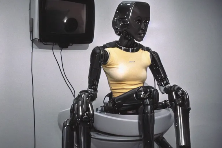 Image similar to beautiful woman robot sitting on a galaxy toilet, from 1985, bathed in the glow of a crt television, crt screens in background, low-light photograph, in style of Tyler Mitchell