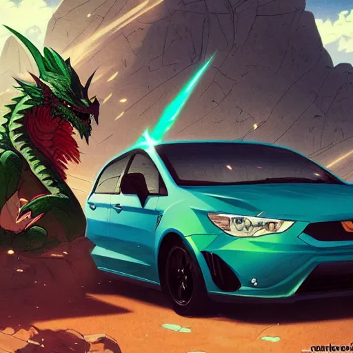 Image similar to blue knight in a green hatchback car vs dragon, close up, anime, desert landscape, greg rutkowski, Murata, one punch man manga,
