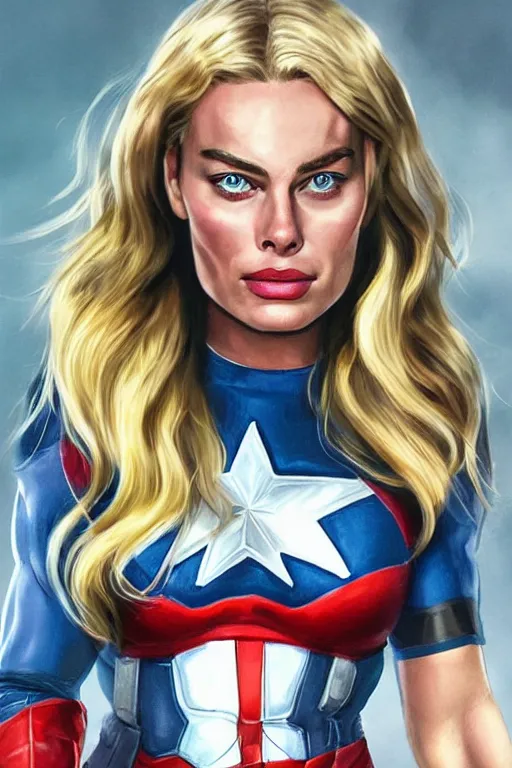 Prompt: A realistic portrait of margot robbie as captain america, highly detailed