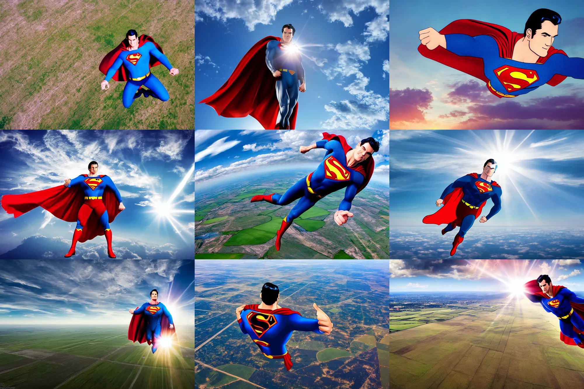 Prompt: superman, hd aerial photography, high altitude, clouds and fields in background, lens flare