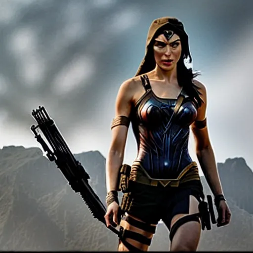 Prompt: still film of gal gadot as lara croft, cinematic, dramatic, middle shot