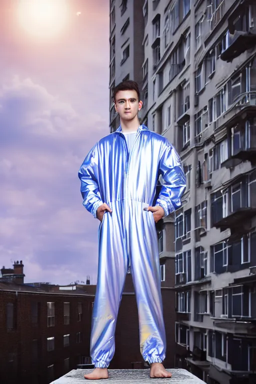 Prompt: un ultra high definition studio quality photographic art portrait of a young man standing on the rooftop of a british apartment building wearing soft baggy inflatable padded iridescent pearlescent jumpsuit. three point light. extremely detailed. golden ratio, ray tracing, volumetric light, shallow depth of field. set dressed.