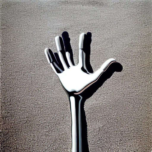 Image similar to chrome hand emerging from sand, high angle view, surrealist album cover art by storm Thorgerson, 1978