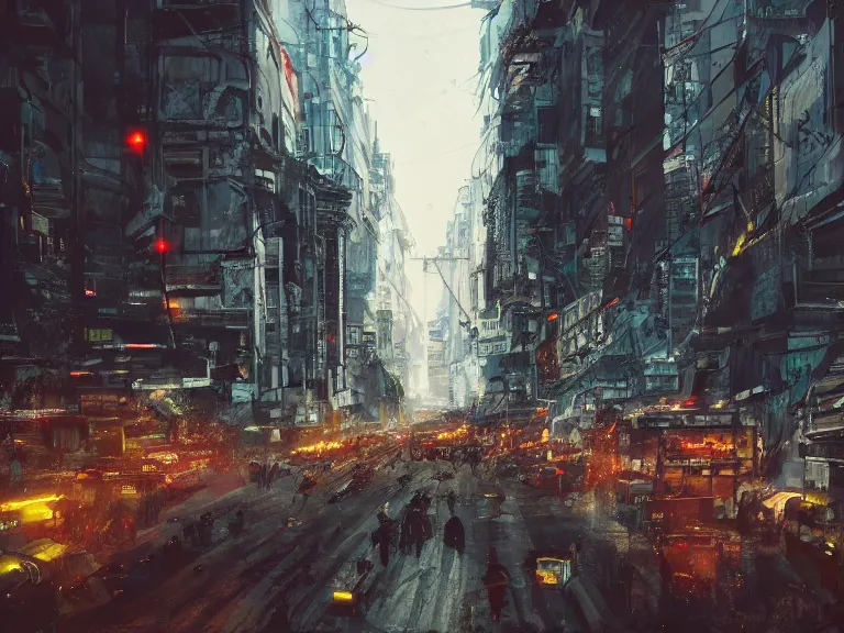 Prompt: Buenos Aires Cyberpunk Landscape, Multitudinaria marcha en la Avenida 9 de julio, trending on artstation