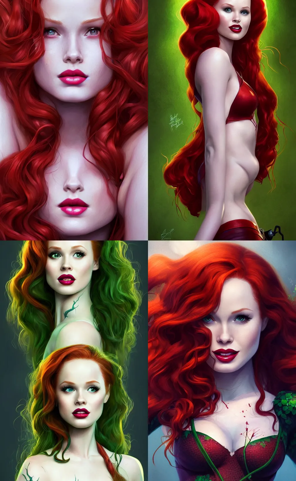 Prompt: beautiful Madelaine Petsch poison ivy DC comics, evil smile, realistic character concept, medium shot waist up, comic book, illustration, slender symmetrical face and body, artstation, cinematic lighting, hyperdetailed, cgsociety, 8k, high resolution, Charlie Bowater, Tom Bagshaw, single face, insanely detailed and intricate
