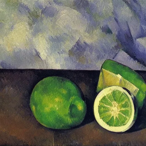 Prompt: painting of an ice cube and a lime slice in dark background, by Paul Cézanne.