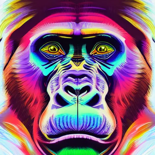 Image similar to a psychedelic neon technicolor portrait illustration of a gorilla in geometric kaleidoscopic colors trending on artstation 4 k intricate extremely detailed digital art