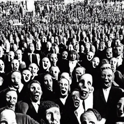 Prompt: an old black and white photo of a man with distorted facial features and a abnormally long body gives a political speech to a huge group of people who all have no eyes and twisted smiles,