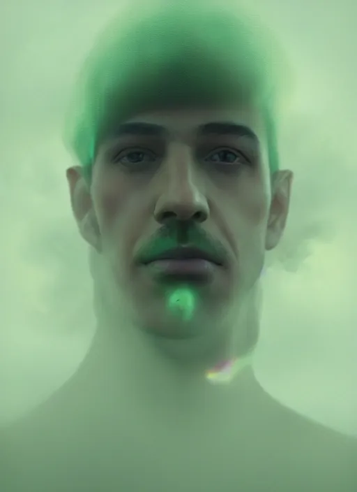 Image similar to an ethereal, misty portrait of a man whose face is accented with neon - toned glowing eyeliner. the makeup floats off his face and joins swirling clouds of smoke and fog, becoming an aurora. muted tones. surreal portrait, cinematic lighting, 8 k, smooth, sharp focus, digital painting, rendered in octane, painted by tom bagshaw, artgerm