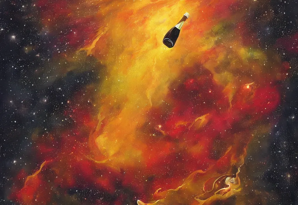 Image similar to A very beautiful and very detailed painting of wine spilling into space and forming a nebula. Trending, Professional, High quality, High resolution, Dynamic