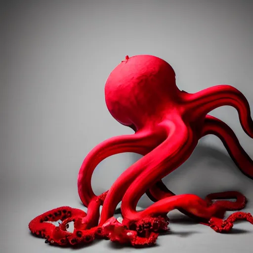 Image similar to a clean studio photography set, there is a bucket of red paint and it has just viciously exploded, there is paint EVERYWHERE, but not on the octopus, he is hiding, incredible beautiful ambient light