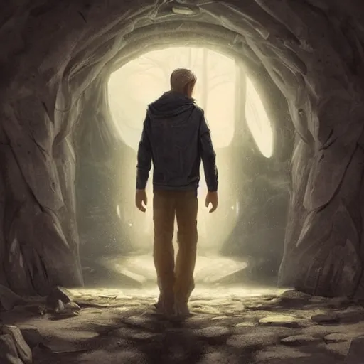 Prompt: a man walking into the portal, concept art, illustration, highly detailed, artwork, cinematic, hyper realistic, art station