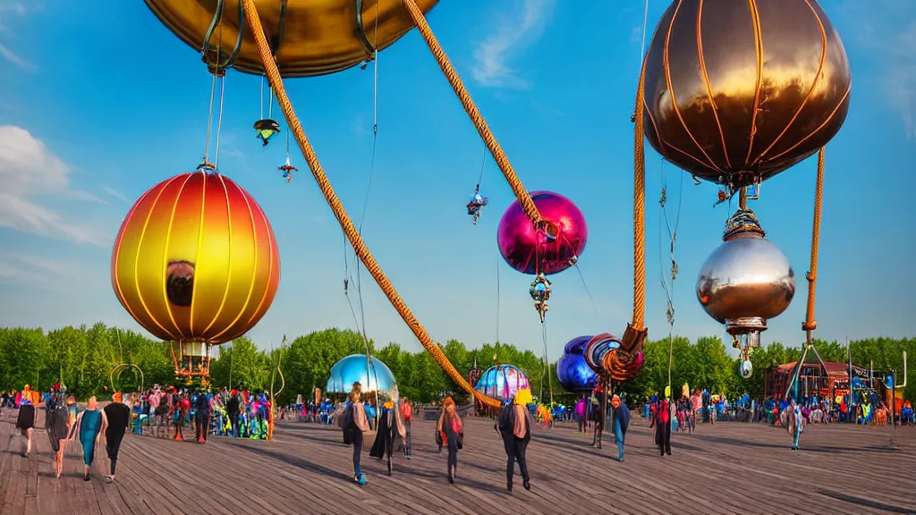 Image similar to large colorful futuristic space age metallic steampunk steam - powered balloons with pipework and electrical wiring around the outside, and people on rope swings underneath, flying high over the beautiful klaipeda in lithuania landscape, professional photography, 8 0 mm telephoto lens, realistic, detailed, photorealistic, photojournalism