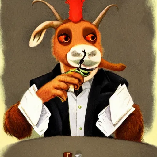 Image similar to award winning character art commission of an anthro furry humanoid goat smoking a cigar, three piece suit, in the style of norman rockwell,