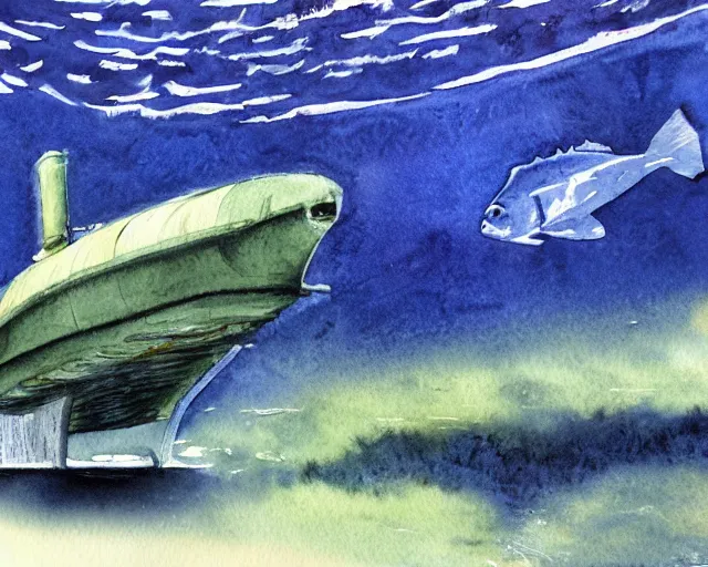 Image similar to Watercolor painting of an underwater submarine