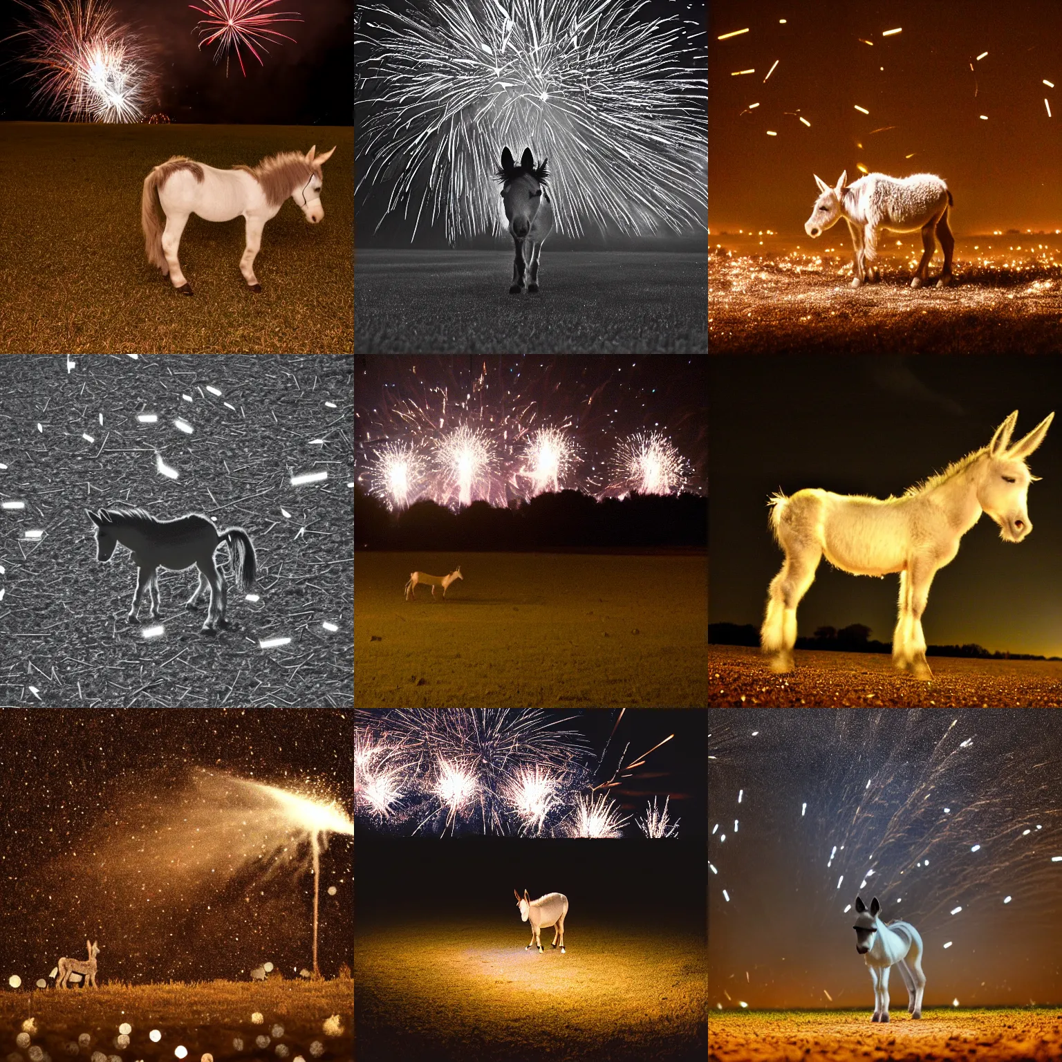 Prompt: a small tiny pale donkey stands in the midground in a empty field in the darkness at night. in the background, fireworks expldoing in the night sky raining down embers and sparks and brightly burning pieces falling from the sky. more sparks and embers embers raining from night sky. color photography. Flash photo. Cursed image. nikon coolpix
