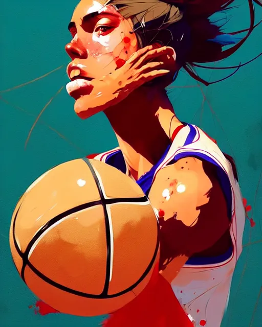 Image similar to a ultradetailed beautiful panting of a woman playing basketball, by conrad roset, greg rutkowski and makoto shinkai, trending on artstation