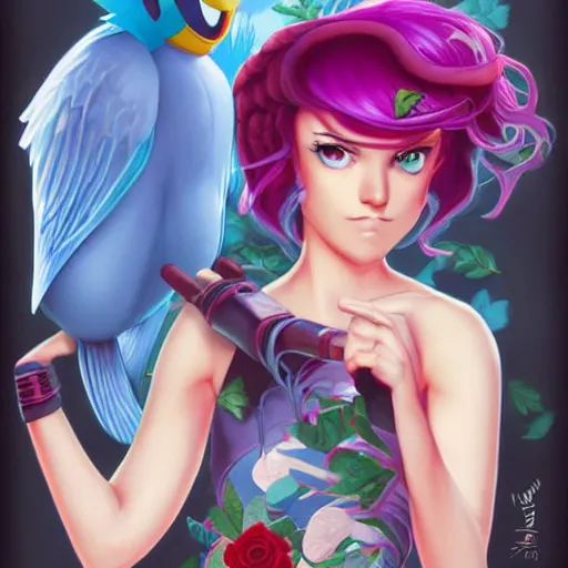 Prompt: Lofi Pokemon original character with wild rose-colored hair, Pixar style, by Tristan Eaton Stanley Artgerm and Tom Bagshaw.