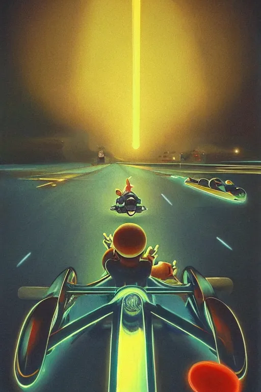 Image similar to mario kart, art by bruce pennington, trending on artstation, bioluminescence closeup view illustrator, american romanticism, very very elegant, 4 k hd, bauhaus