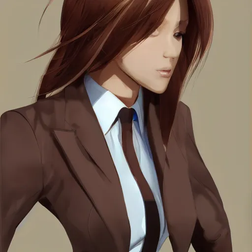 Image similar to woman in business suit, brown neat hair, animesque, pixiv, fanbox, trending on artstation, portrait, modern, sleek, highly detailed, formal, serious, determined, competent, colorized, smooth, charming, pretty, safe for work, big gooba