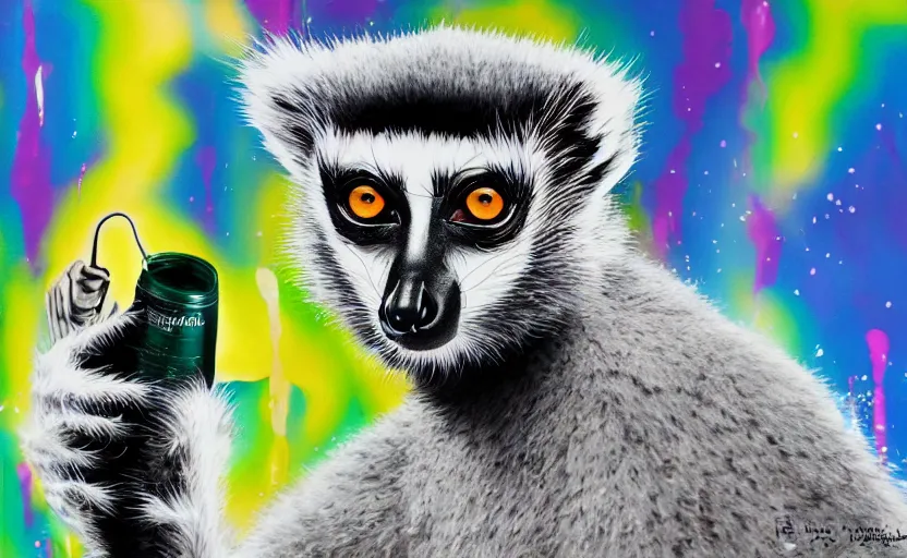 Prompt: a portrait of a lemur holding a can of spray paint and spraying design on a wall, digital painting masterpiece, painted by joji morikawa, by osamu tezuka, by yukito kishiro, by ikuto yamashita, 4 k wallpaper, beautiful, gorgeous