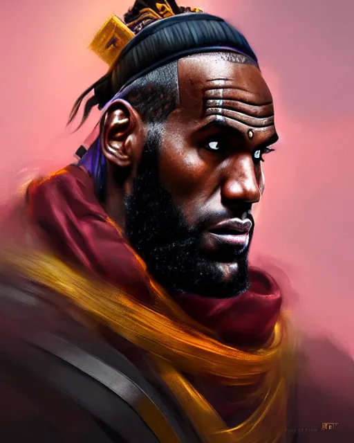 Image similar to face portrait of lebron james as a muscular ronin samurai, wearing a haori, by wlop and peter mohrbacher, dramatic action pose, extremely detailed shading, concept art, digital painting, trending on artstation, unreal engine 5, octane render, atmosphere, glow, cinematic lighting, full of color