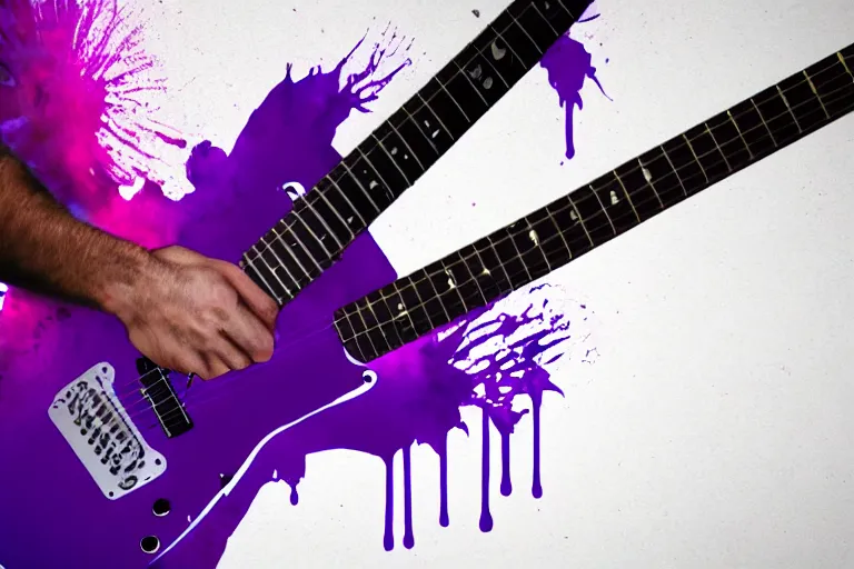 Image similar to dripping purple faded paint across the shape of a male human playing guitar, realistic, high detail, on a white damage background