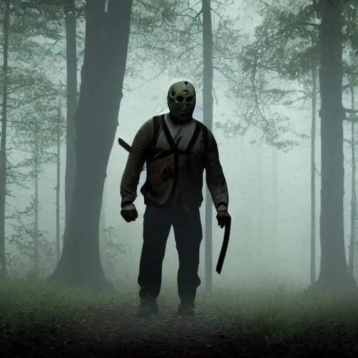 Image similar to A still image of Jason Voorhees in the woods foggy very detail 4K quality super realistic