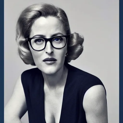 Prompt: photo of a gorgeous Gillian Anderson (1950) blue pixie cut hair nerdy glasses by Mario Testino, detailed, full body shot, award winning, Sony a7R