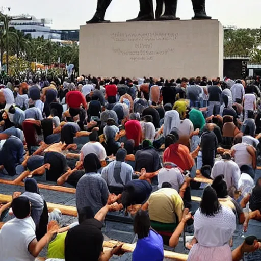 Image similar to people praying for a big statue of Jair bolsonaro