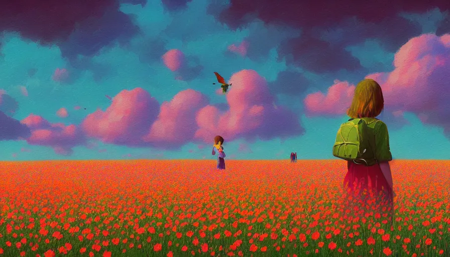 Prompt: girl with a flower face, surreal photography, dream, standing in flower field, hills, big trees, sunrise dramatic light, impressionist painting, colorful clouds and birds in sky, digital painting, pointillism, artstation, simon stalenhag