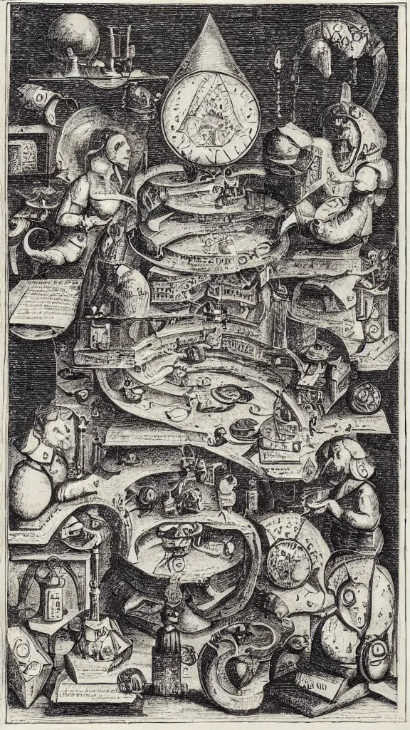 Image similar to esoteric etching print of an alchemists laboratory, amphitheatrum sapientiae aeternae, 1 5 9 5, kodachrome photo