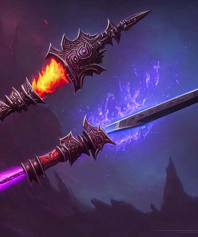 Image similar to dark weapon of warcraft blizzard weapon art, a burning sword, bokeh. dark art masterpiece artstation. 8k, sharp high quality illustration in style of Jose Daniel Cabrera Pena and Leonid Kozienko, violet colored theme, concept art by Tooth Wu