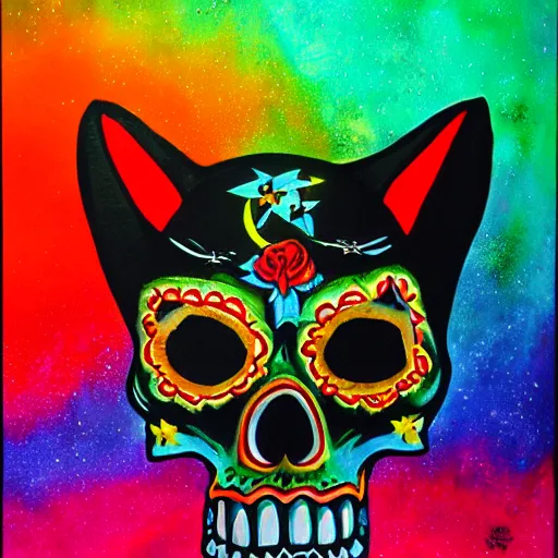 Prompt: a realistic portrait of dia de los muertos fox skull character, themed on the stars and moon, painting by jeff easley, stylized, black light, neon, black velvet, bowling alley carpet, dnd beyond