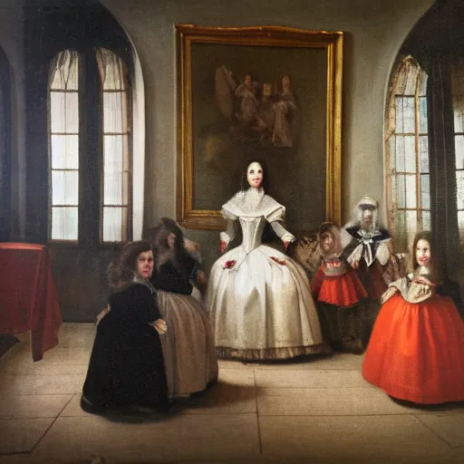 Image similar to super quality family portrait in the main room of the castle painted in 1 6 5 6, dark room, one point of light coming through the window inspired by las meninas, clear spaces between each subject and good detail and realistic eyes, faces for each person in the canva, inspired by diego velasquez baroque style