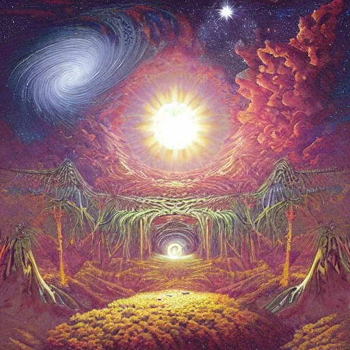 Image similar to a cosmic convergence within an astral apocalypse, by Ferdinand Knab and by Dan Mumford, glossy magazine art from the 1980s