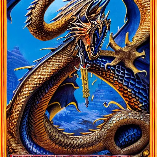 Prompt: half length portrait of a medieval d & d fantasy anthropomorphic blue dragon, d & d rulebook cover art by jeff easley